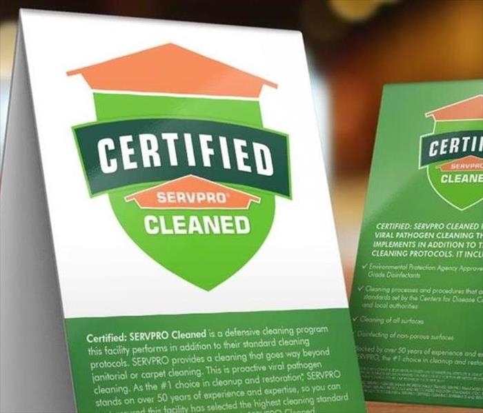 Certified: SERVPRO Cleaned table tent.